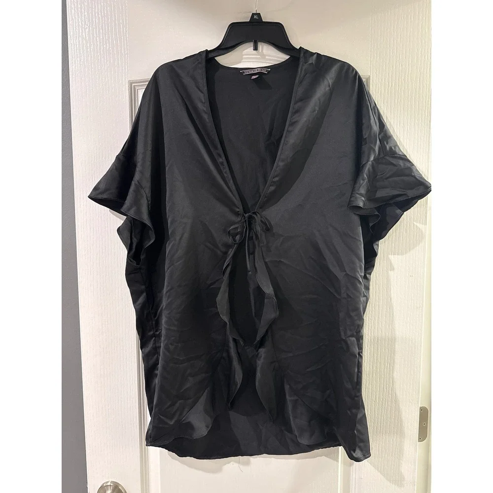 Victorias Secret Black Satin Love VS Graphic Tie Front Ruffle Kimono Robe OS‎